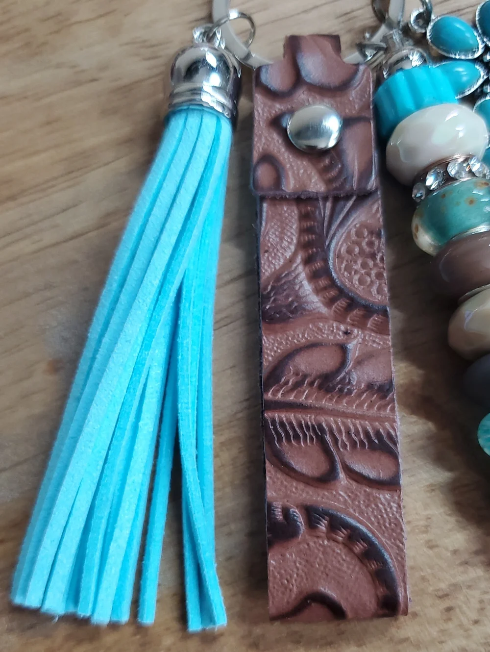 Turquoise Bead & Tassel Keychain with Brown Leather Strap